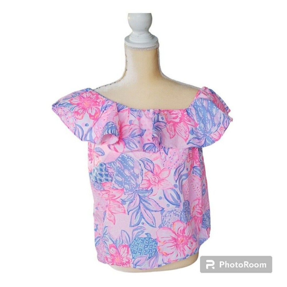 Lilly Pulitzer Zeldie One Shoulder Ruffle Top Pink Isle Snappy Turtle Sz M